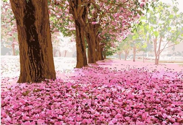 Pink Tree Leaves Landscape Paint By Numbers