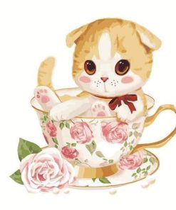 Cat with Cup of Roses Animals Paint By Numbers