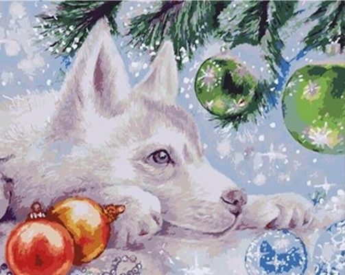 Husky Dog and Christmas Baubles Animals Paint By Numbers