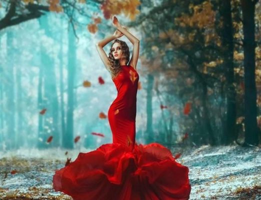 Red Color Woman in Forest People Paint By Numbers