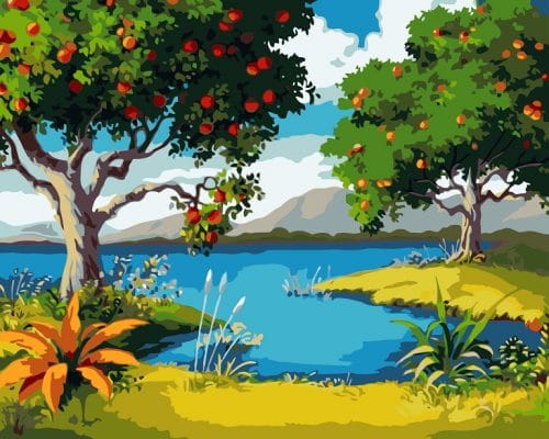 Apples Trees Near To Lake Landscape Paint By Numbers