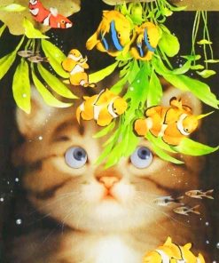 Adorable Cat Watching Yellow Koi Fishes Paint By Numbers