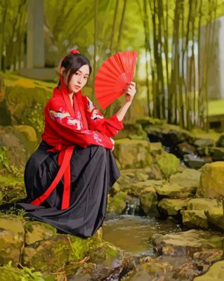 Asian Girl Sitting Near River paint by number