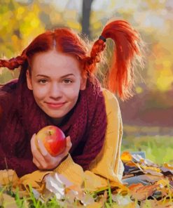 Autumn Girl Holding Apple paint by number