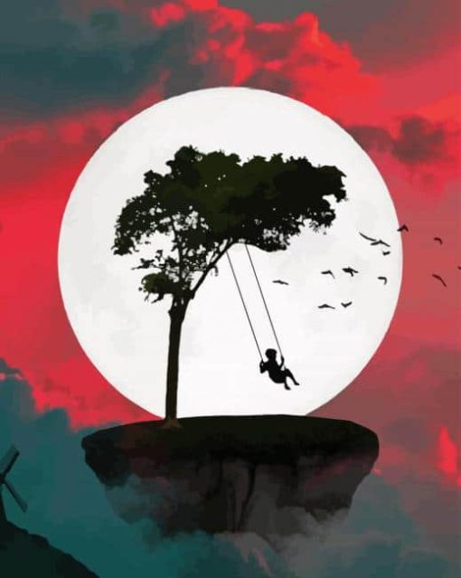 Swinging Boy In Tree Silhouette paint by numbers