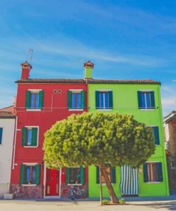 Tree in front of red and green house paint by number