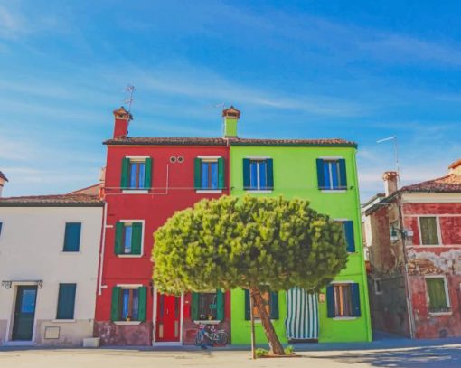 Tree in front of red and green house paint by number