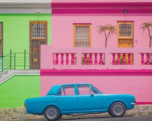 Blue Car In A Colorful Street paint by numbers