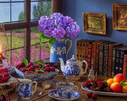 Tea Table With Fruits And Books paint by numbers