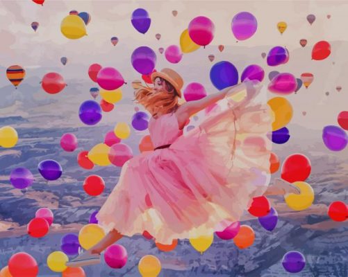 Girl Jumping Colorful Balloons paint by number