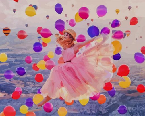 Girl Jumping Colorful Balloons paint by number