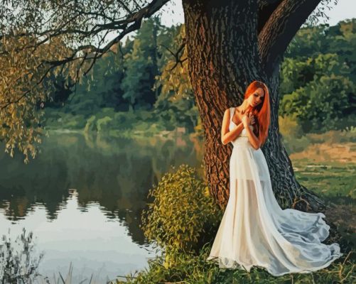 Girl Standing Alone Near Lake paint by number