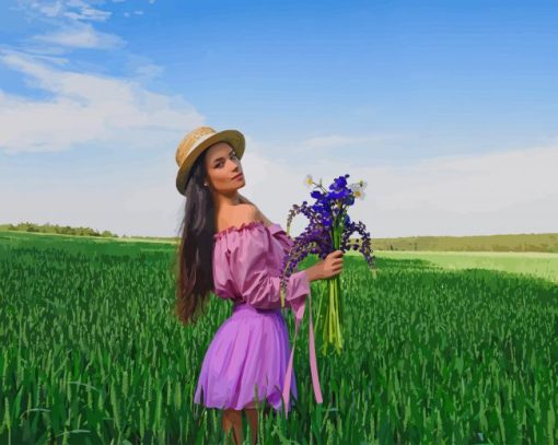 Girl Holding Flowers Bouquet paint by number