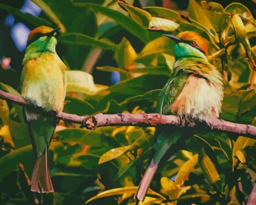 Green Birds On A Twig paint by numbers