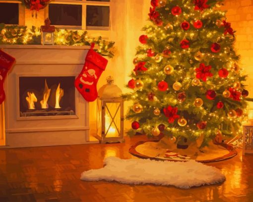 Mery Chrismas With Tree and Fireplace paint by numbers