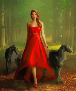 Red Dress Girl Walking With Dogs paint by number