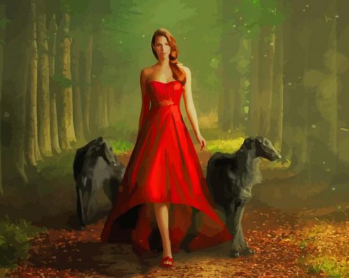 Red Dress Girl Walking With Dogs paint by number