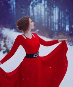 Red Dress Woman In Snow paint by number