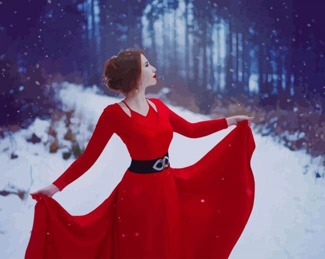 Red Dress Woman In Snow paint by number