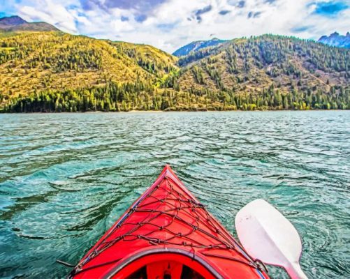 red boat in lake painting by numbers