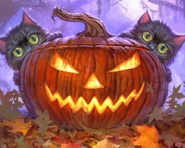 Scaredy Cats Behind Of Halloween Pumpkin paint by numbers