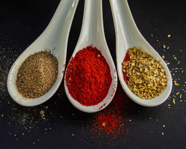 Three Assorted Spices In White Spoon painting by numbers