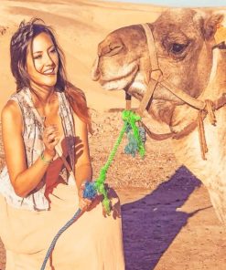 A woman Sitting With Camel On Sand painting by numbers