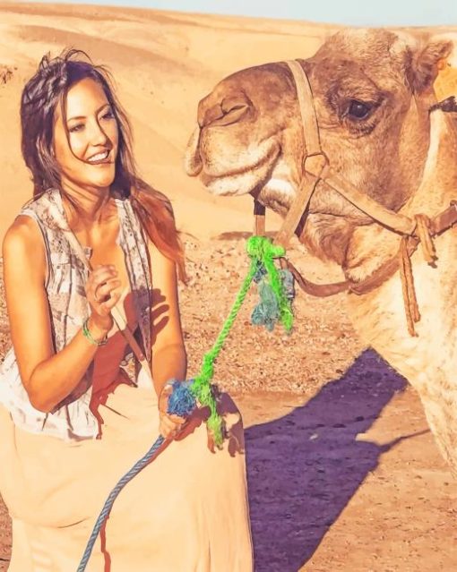 A woman Sitting With Camel On Sand painting by numbers