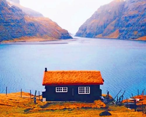 Black Wooden House Lakeside paint by numbers