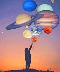 Girl Silhouette Holding Balloons Planets paint by numbers