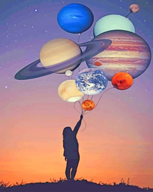Girl Silhouette Holding Balloons Planets paint by numbers