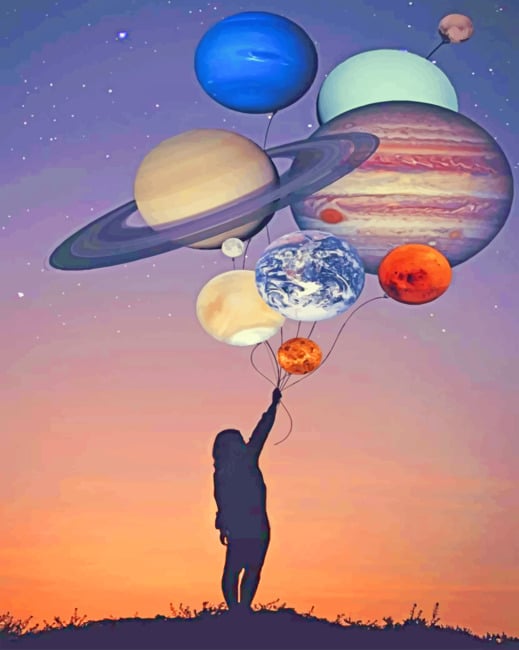 Girl Silhouette Holding Balloons Planets paint by numbers
