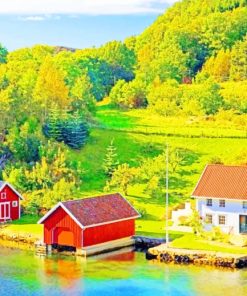 Houses In Norway Lake Water paint by numbers