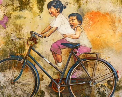 Kids on Bicycle Riding Graffiti painting by numbers