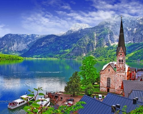 Mountains And A Village On The Lake paint by numbers