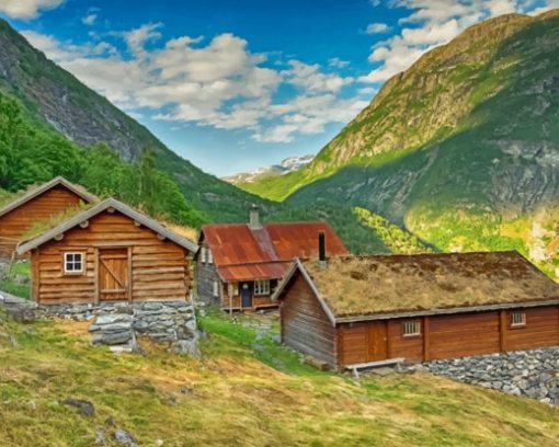 Norway Mountains And Houses paint by numbers