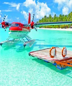 Red Seaplane In The Shore paint by numbers