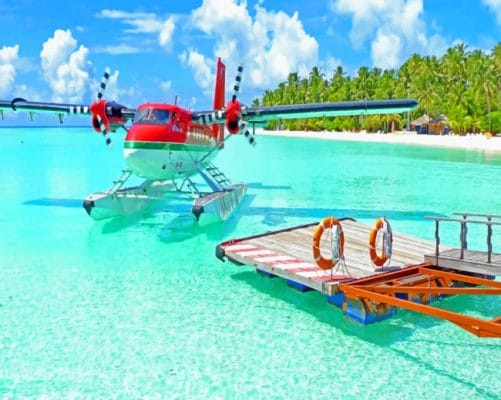 Red Seaplane In The Shore paint by numbers