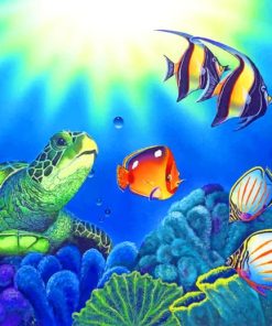 Turtle And Fishes In Sea paint by numbers