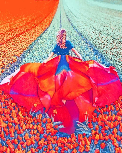 Woman Wearing Flowy Dress In Tulips Field pain by numbers