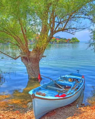 Blue Boat On The River's Edge painting by numbers