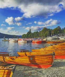 Brown And White Boats On Sea Shore painting by numbers