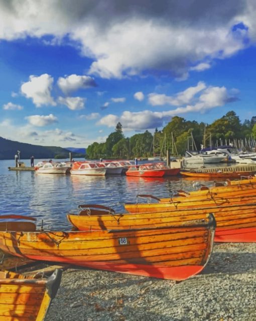 Brown And White Boats On Sea Shore painting by numbers