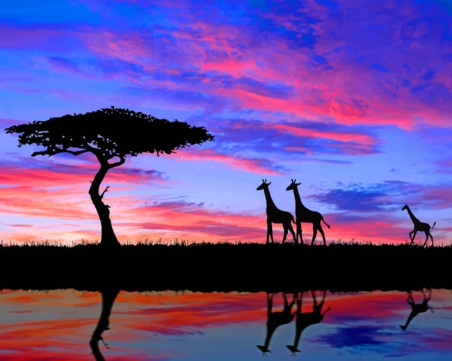 Giraffe Family By The Lake paint by numbers