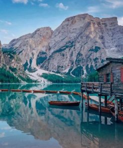 Grey Wooden Cabin Near Body Of Water painting by numbers