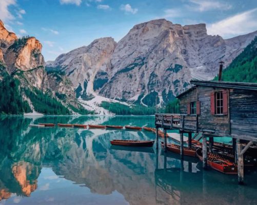 Grey Wooden Cabin Near Body Of Water painting by numbers