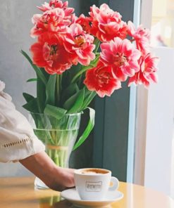 Pink Flowers And Latte Coffee paint by numbers