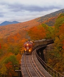 Orange Train Between Fall Trees painting by numbers