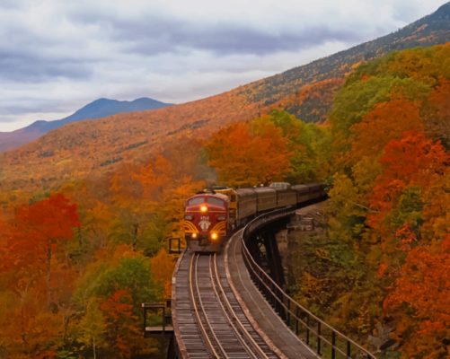 Orange Train Between Fall Trees painting by numbers