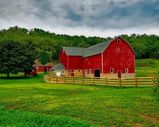 Red Barn In A Grassland paint by numbers